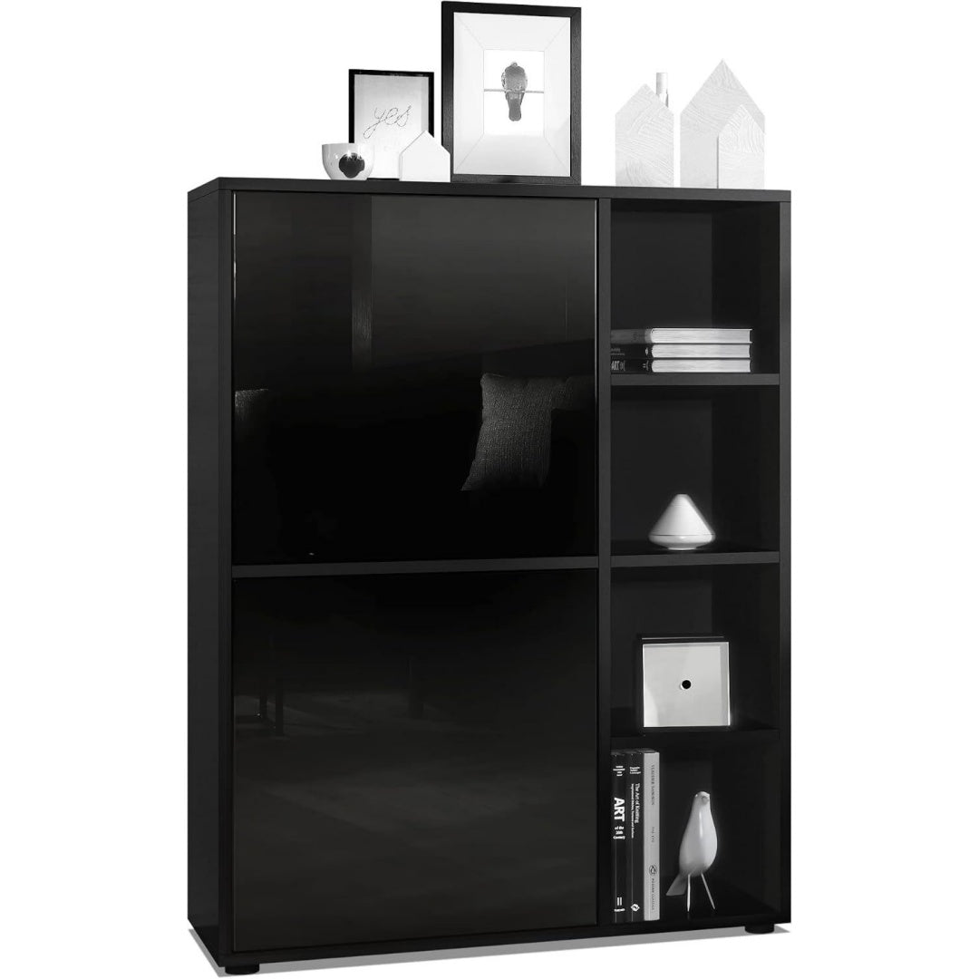 Hochschrank mit offenen Ablagen und grifflosen Fronten