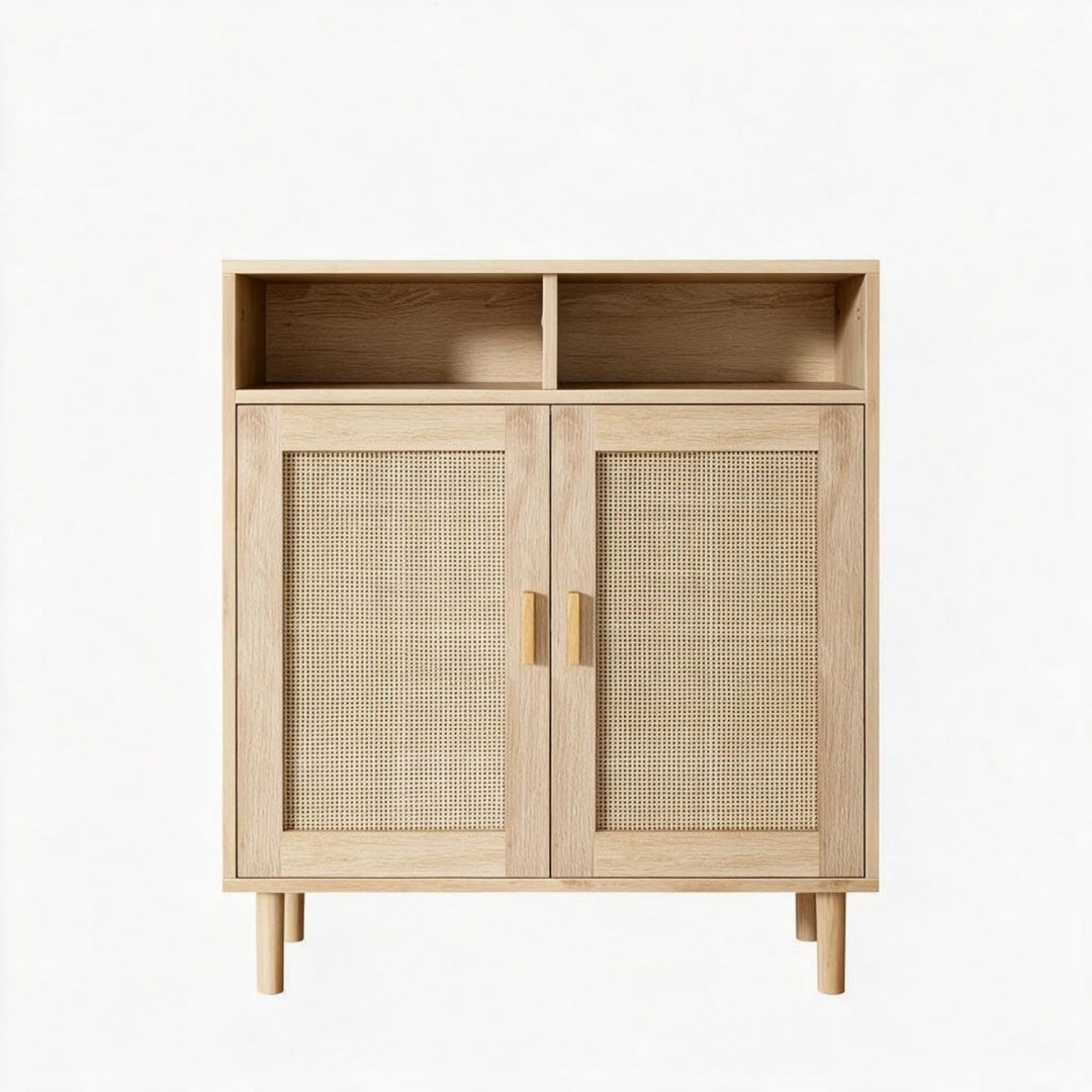Flechtoptik trifft auf Holzbeine an dem Sideboard