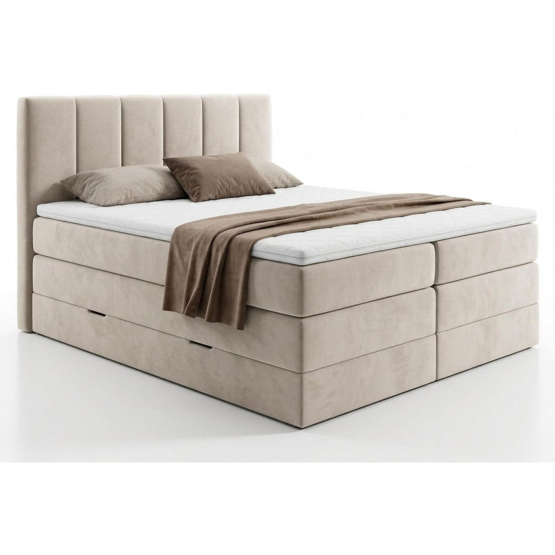 Die Gestaltung von dem Boxspringbett wird durch Samt und Holzwerkstoff gepraegt