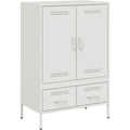 Ein Metallgestell und geschlossenen Stauraum an dem Sideboard