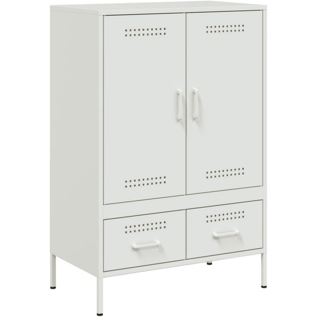 Ein Metallgestell und geschlossenen Stauraum an dem Sideboard