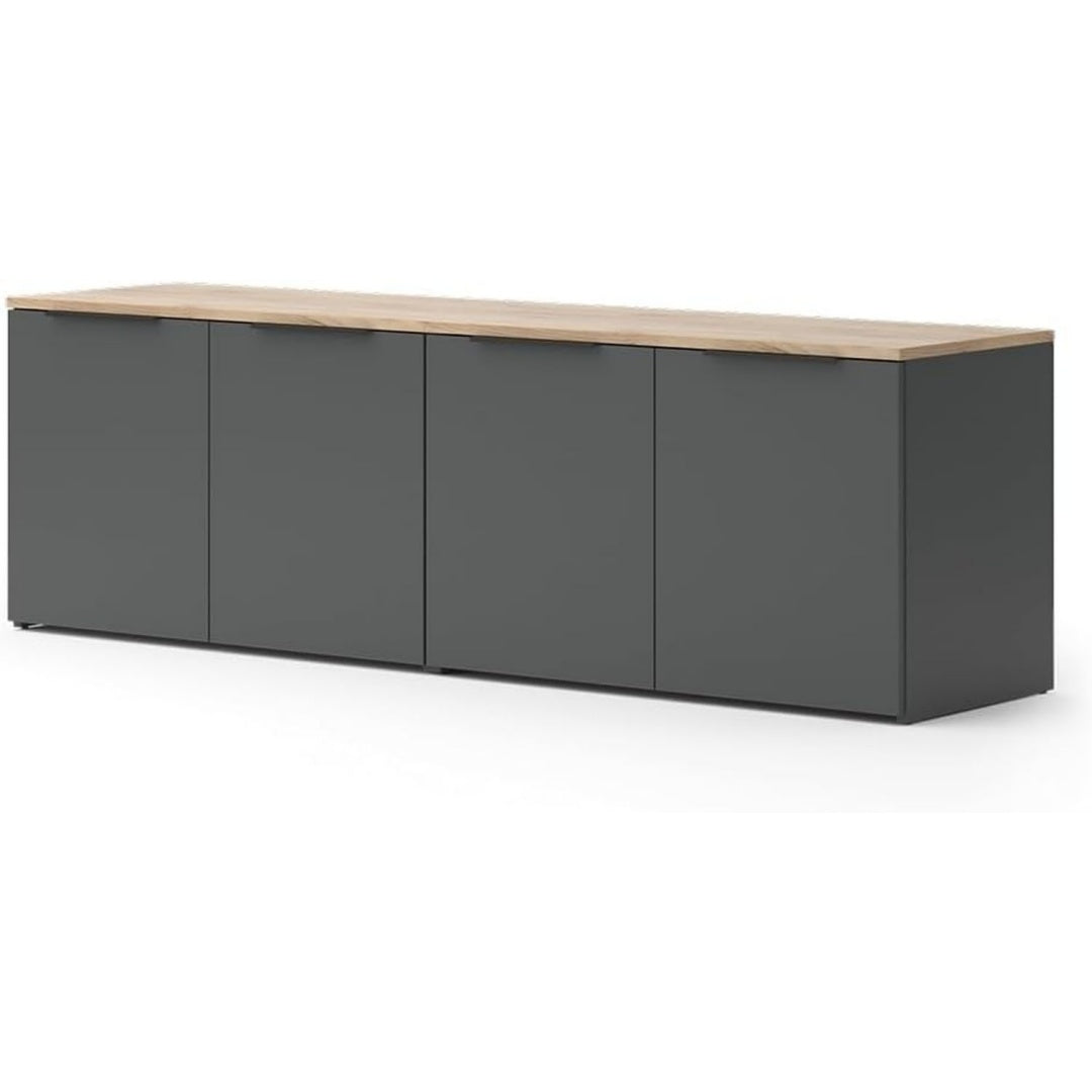 Anthrazitfarbene Schrankmodule unter einer hellen Holzauflage