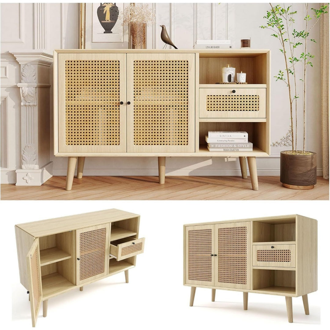 Sideboard mit Holzbeinen, einer Schublade und Flechtoptik